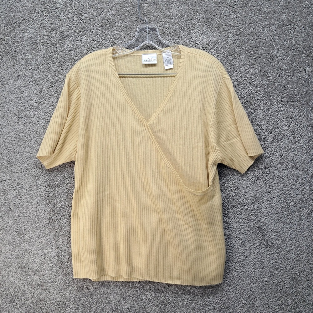 Villager Liz Claiborne Yellow Ribbed Knit Faux Wrap V-Neck Top XL